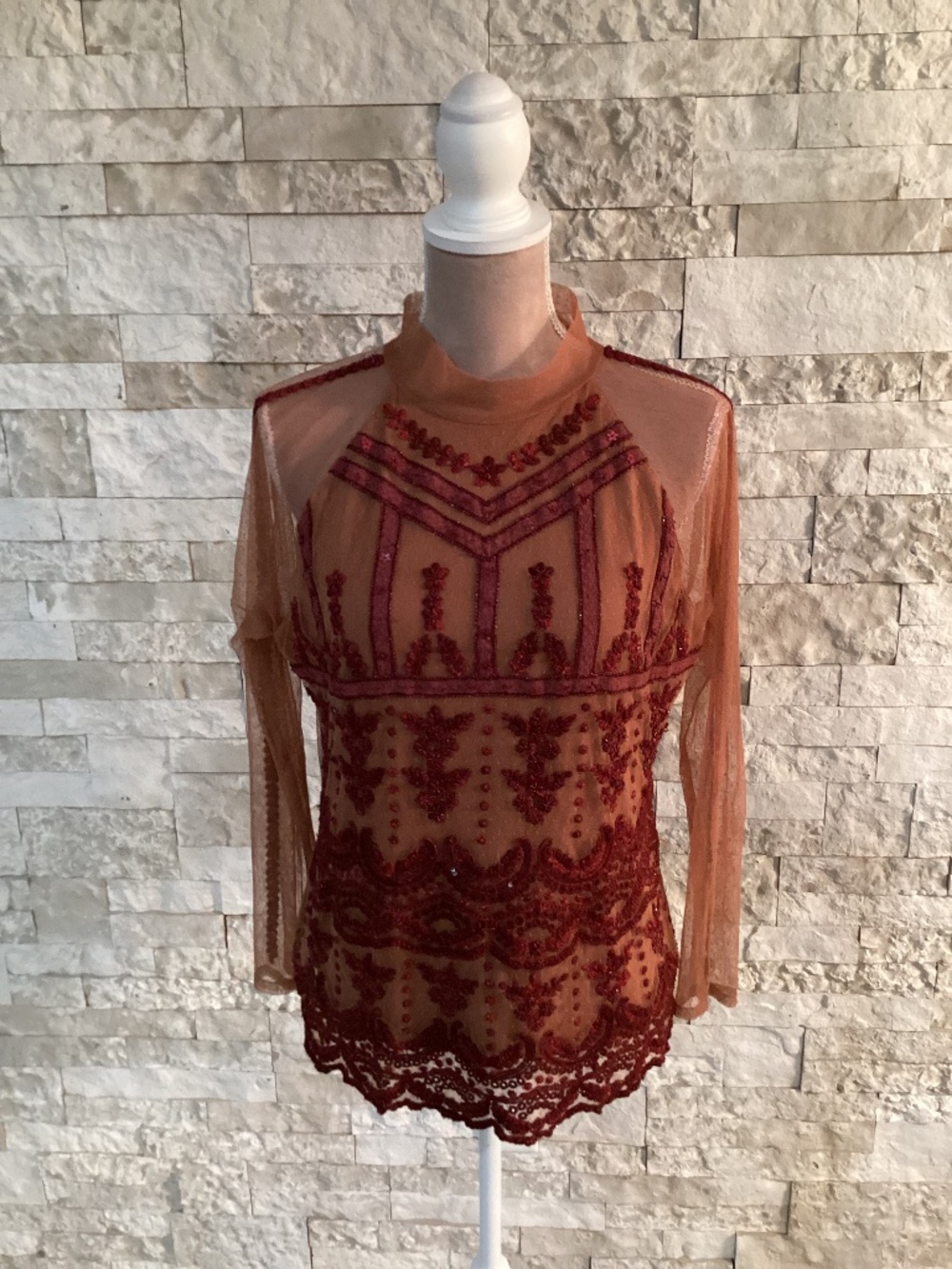 Sundance Catalog "Jourdan" Beaded Embroidered Mesh Blouse